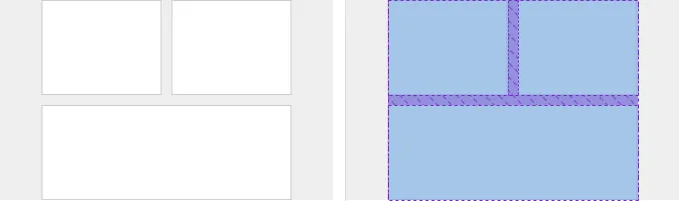 Two diagrams. On the left it shows a skeleton of an app with three boxes that have margin only on the inner sides and not the outer sides of the boxes due to the Flexbox gap property. On the right, the same diagram is shown highlighted to demonstrate the margin only on the inner sides.
