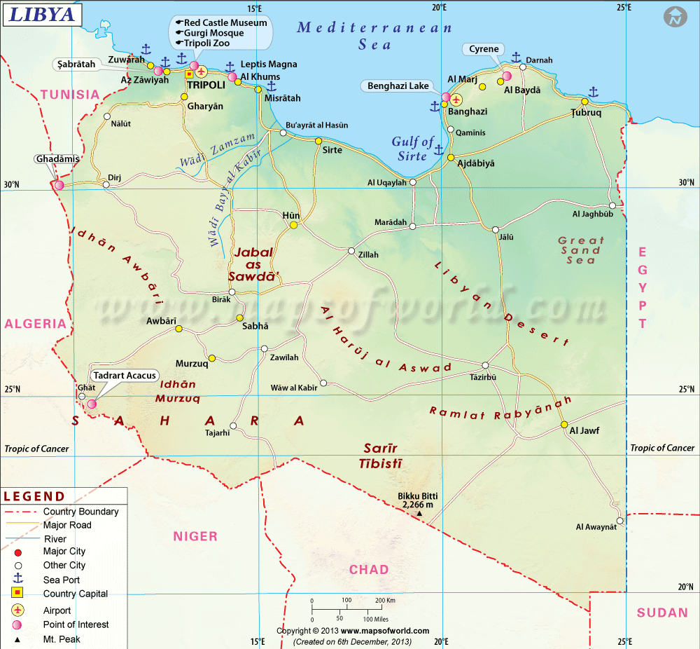 Libya's roads and neighbors map (by mapsofworld.com)