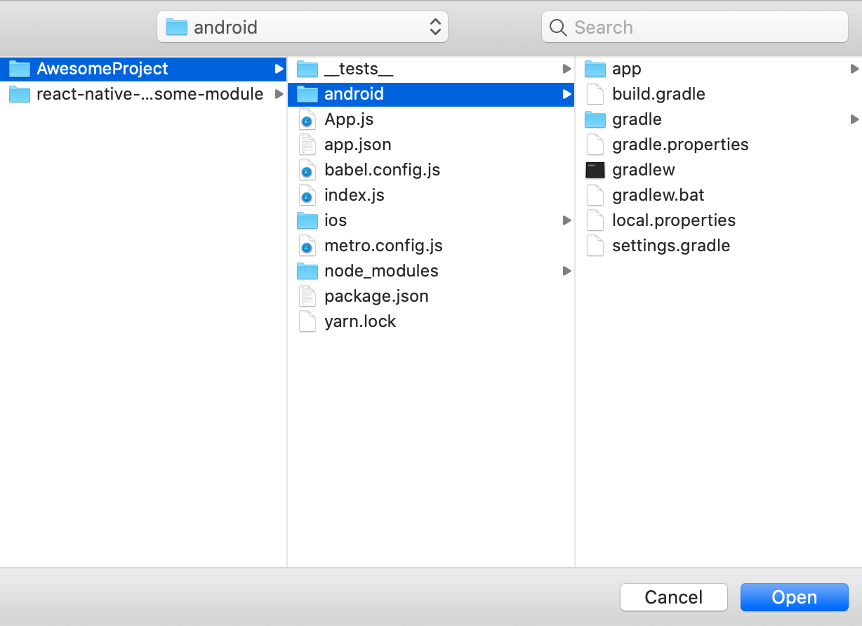 Image of opening up an Android project within a React Native app inside of Android Studio.