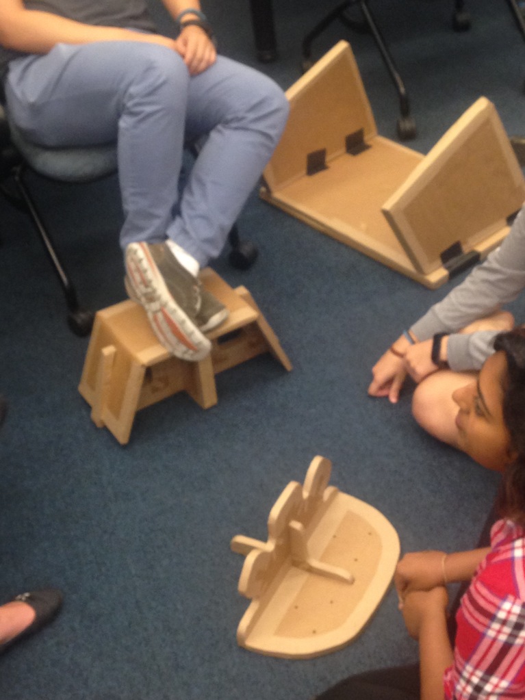 Students show each other the designs they've built to adapt their environments.