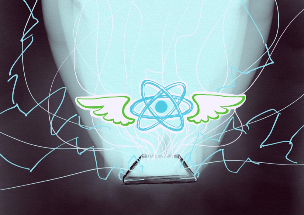 Illustration of the Hermes and React Native logos joined into a winged fury, rising in a crashing electrical storm from a lone, glowing, presumably Android phone.