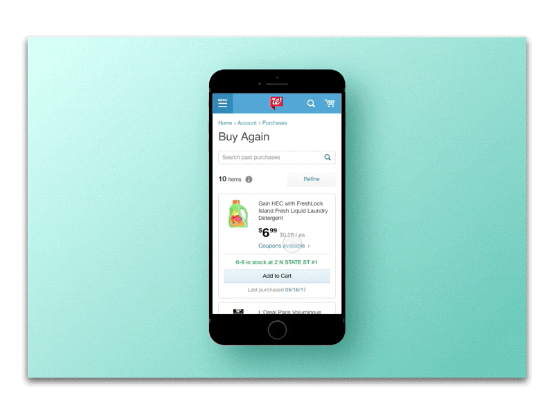 // Mobile view of items found in Buy Again list