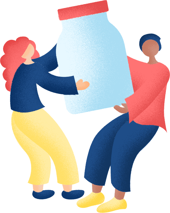 Illustration of two women with a container of pills
