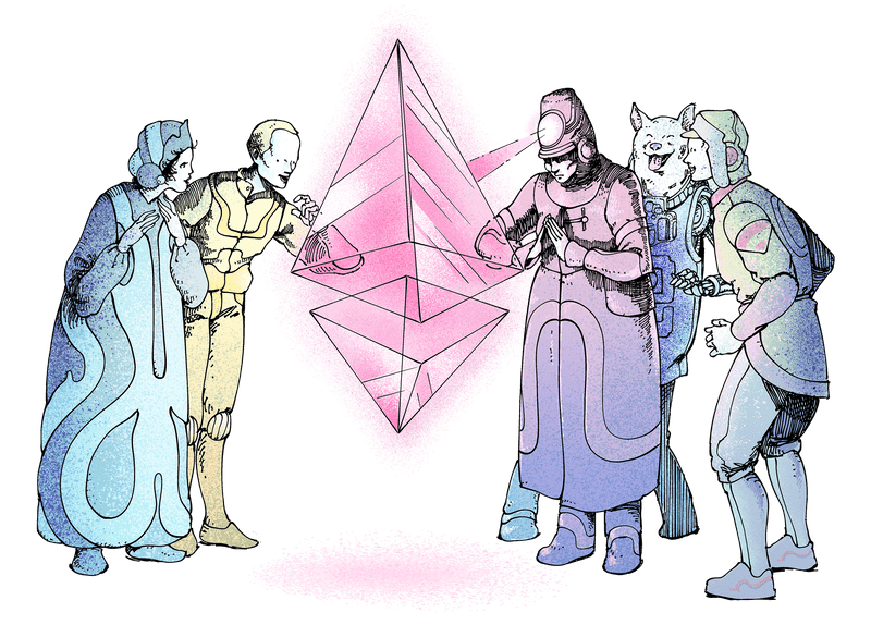 Illustration of a group of people marvelling at an Ether (ETH) glyph in awe
