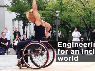 a still from the video showing Alice Sheppard mid-dance in Seoul, with Engineering for an Inclusive World in type