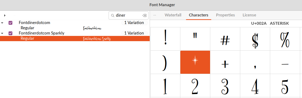 fontdinerdotcom sparkly character set display in font manager appt