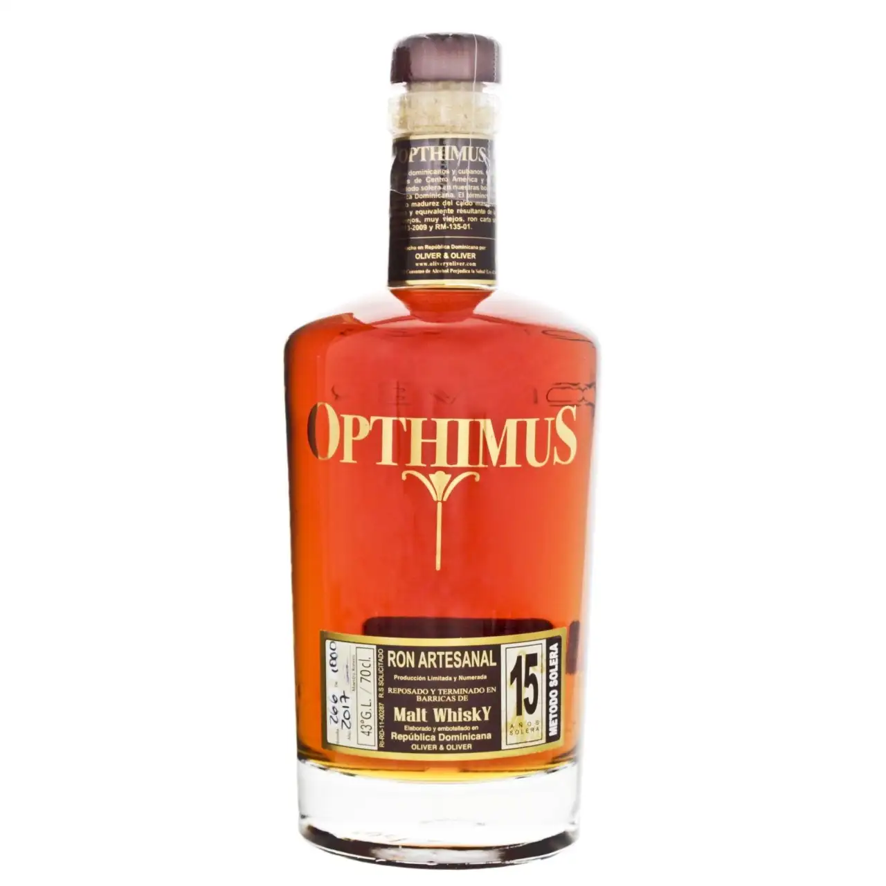 Image of the front of the bottle of the rum Opthimus 15 Años Malt Whisky Finish