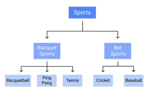 Un albero decisionale che classifica gli sport in "sport con racchetta" e "sport con mazza".""racquet sports" and "bat sports."
