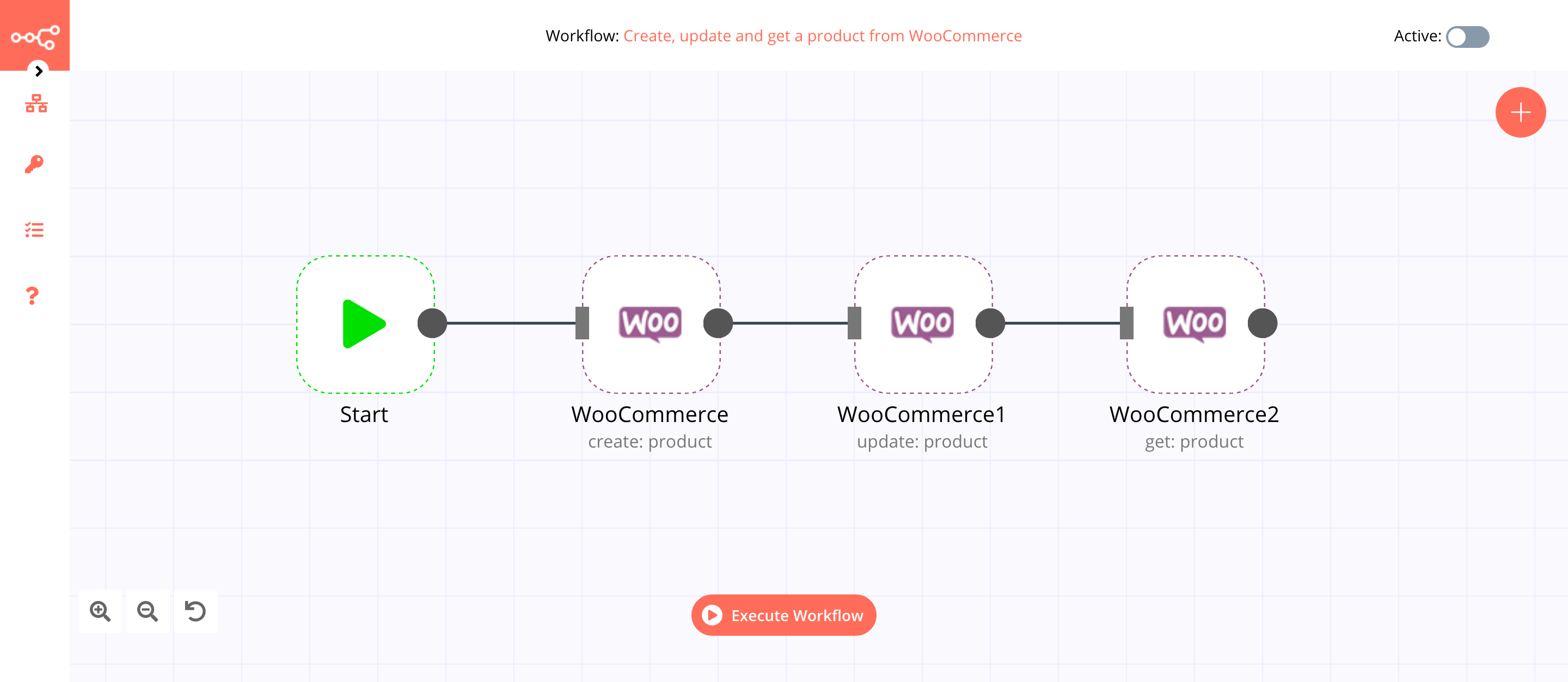 A workflow with the WooCommerce node