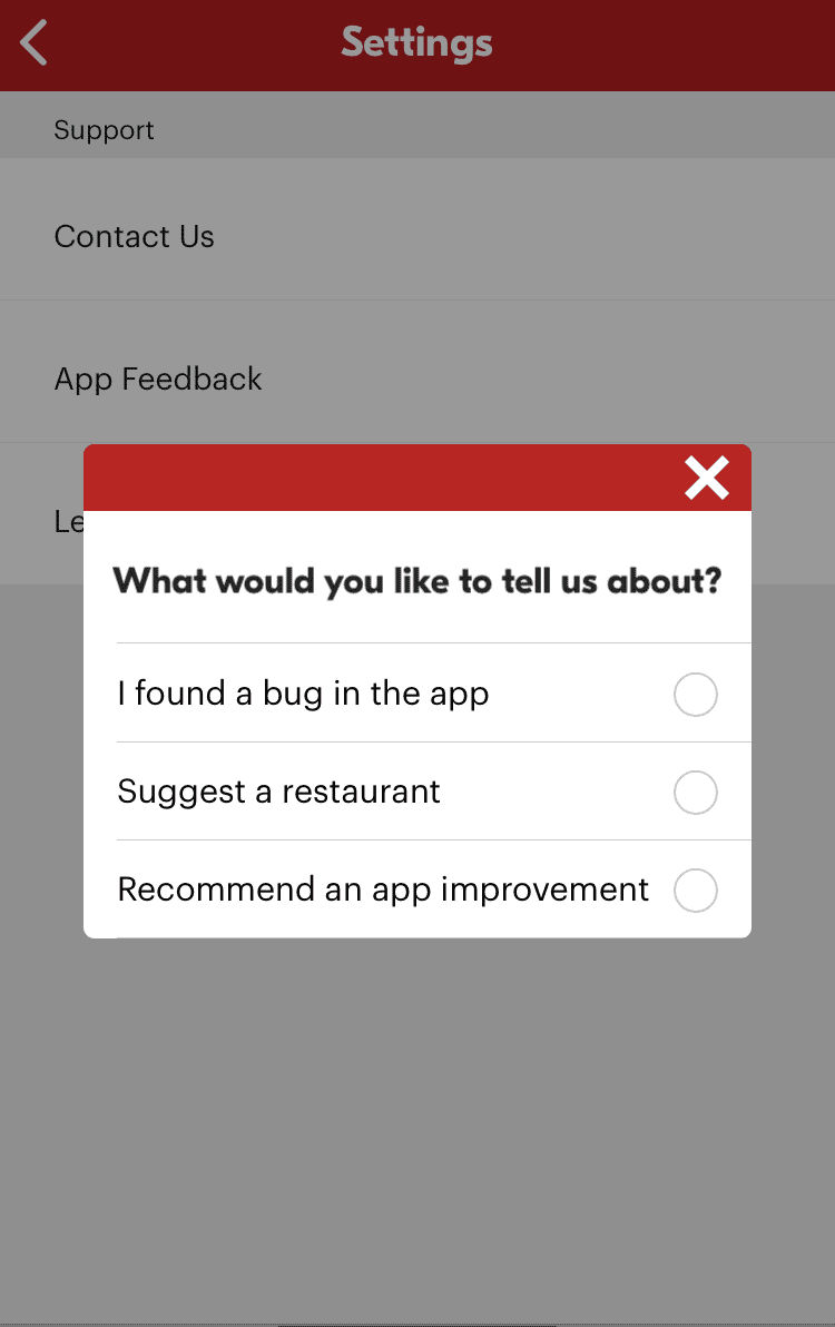 Customer survey from Seamless, a food delivery app, which asks users to filter their feedback by topic