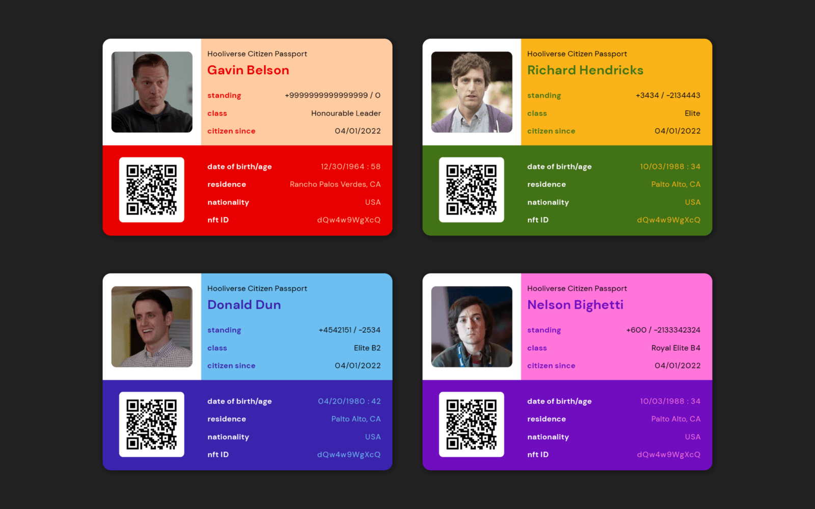 four identity cards featuring the characters of HBO TV-show Silicon Valley