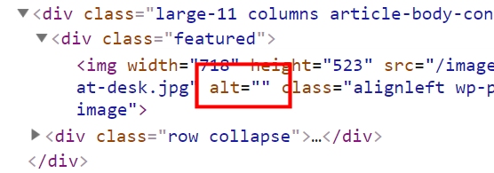 Screenshot of HTML code, with red box around empty alt attribute