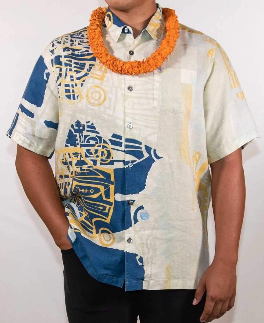 moikeha-button-down-aloha-shirt - Cream Blue / 4XL / Linen