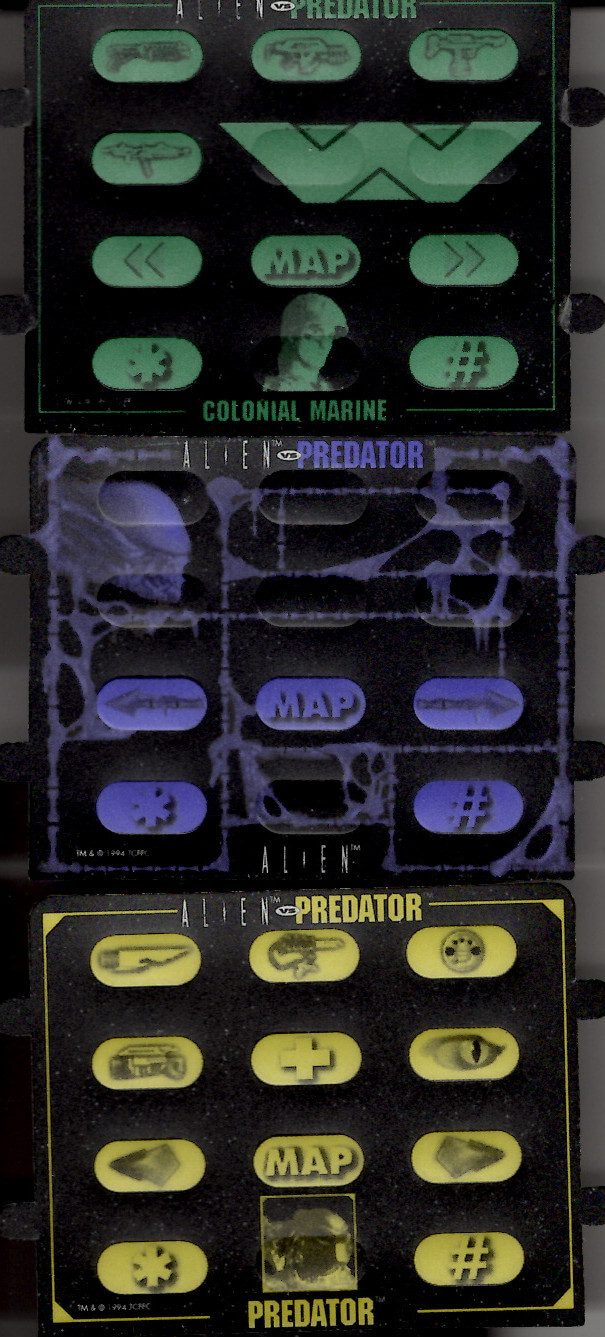 A scan of the Atari Jaguar controller overlays for Alien vs Predator. The player could use these overlays with their controllers to help them remember the controls for the game. Top to bottom: Colonial Marine (with buttons for switching between weapons), Alien, Predator (with buttons for switching between weapons and healing). All three overlays supported showing the map and staffing left and right A scan of the Atari Jaguar controller overlays for Alien vs Predator. The player could use these overlays with their controllers to help them remember the controls for the game. Top to bottom: Colonial Marine (with buttons for switching between weapons), Alien, Predator (with buttons for switching between weapons and healing). All three overlays supported showing the map and staffing left and right