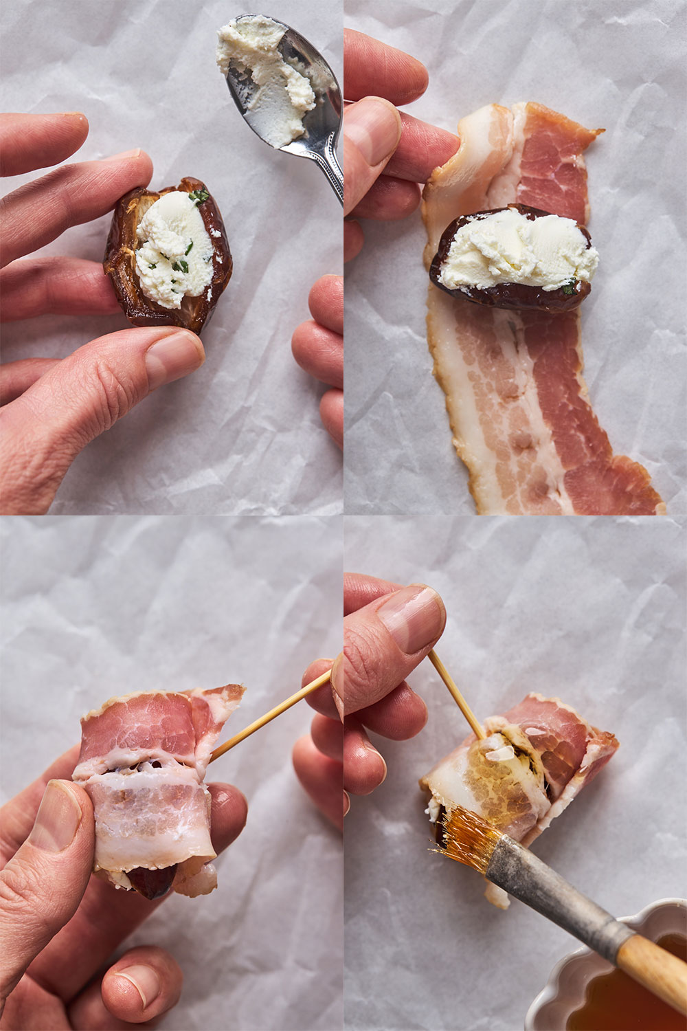 Step by step pictures of how to make Bacon Wrapped Goat Cheese Stuffed Dates