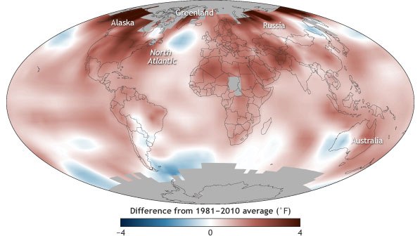 Average surface temperature in 2016 compared to the 1981-2010 average. NOAA Climate.gov map, adapted from Plate 2.1a in State of the Climate in 2016