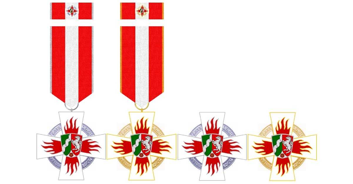 Das goldene Feuerwehr Ehrenzeichen aus NRW, dazu das silberne, das bronzene und das Ehrenzeichen in besonderer Ausführung, jeweils an einem rot-weißen Band