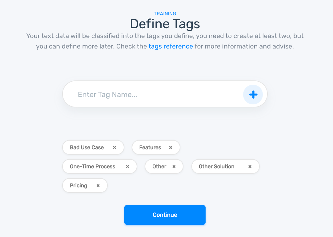 Defining topic tags to train the customer churn topic analyzer: Pricing, One-Time Process, Other Solution, Bad Use Case, Features, and Other