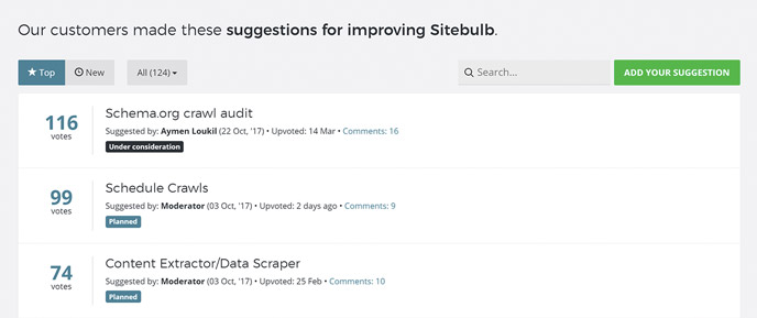 Screenshot of a feedback board for Sitebulb