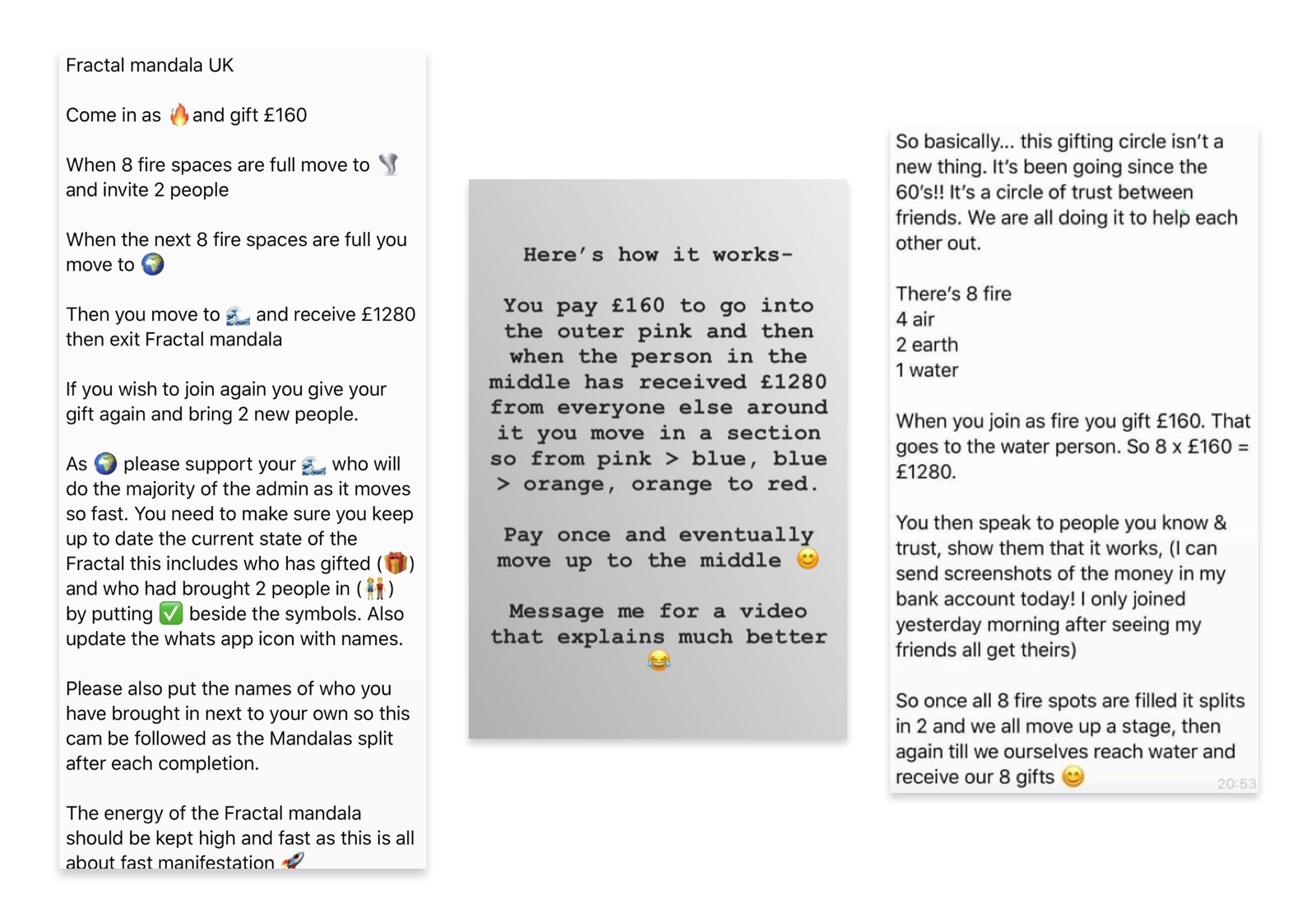 Screens showing pyramid schemes being shared on social media