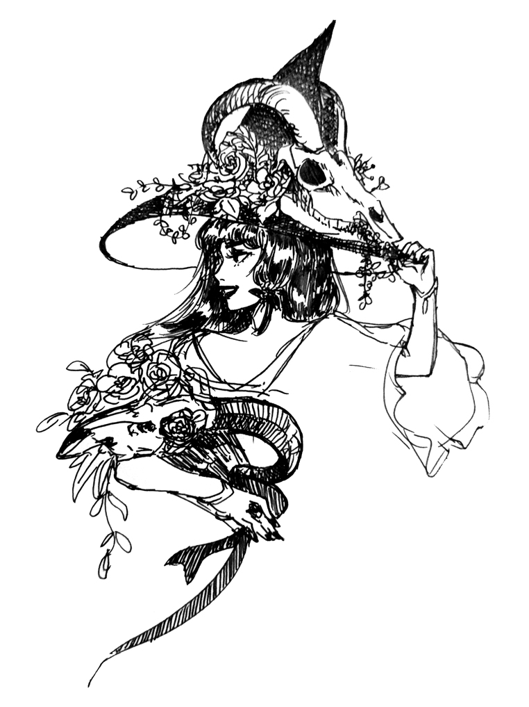 Female character with a big witch hat and two ram skulls.