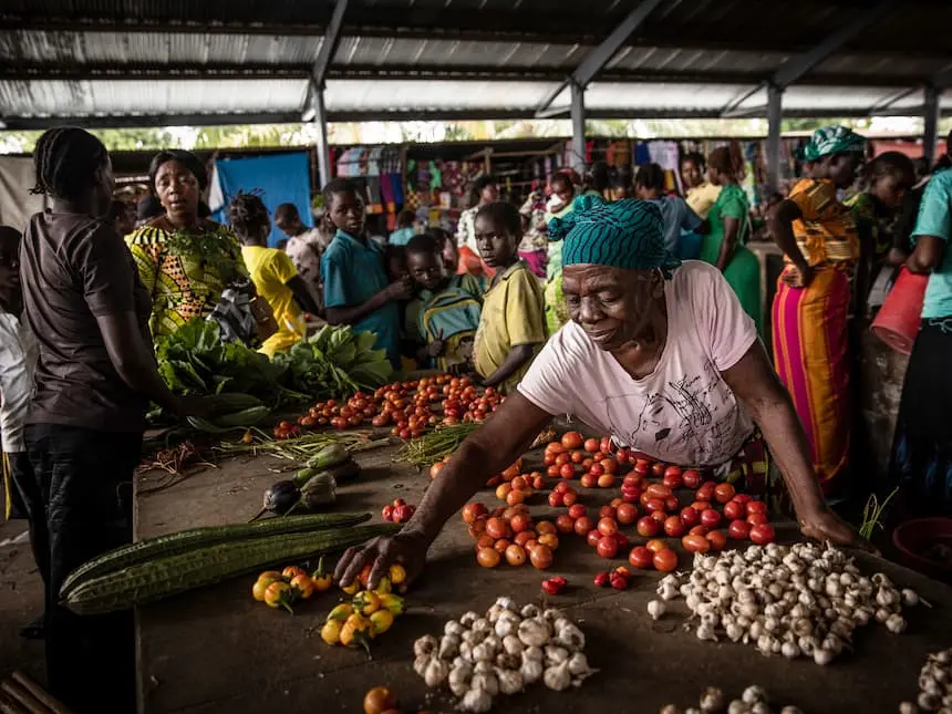A Congolese woman arranges her vegetables for sale at the central market in Manono in the DRC's Tanganyika Province
