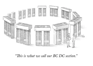 A cartoon-style illustration of a Stonehenge made from Server racks. Two engineers are talking. The caption reads; This is what we call our new BC DC section.