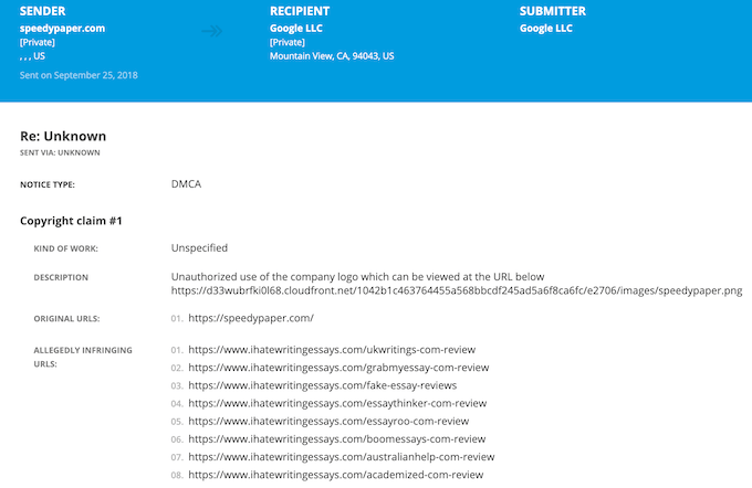Fake DMCA takedown made by NetFix LLC on behalf of SpeedyPaper.com