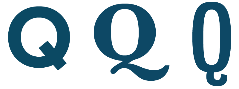 An image showing the differences between the captial Q in three type systems