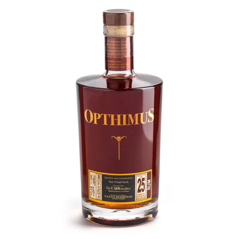 Image of the front of the bottle of the rum Opthimus 25 Años Malt Whisky Finish (TOMATIN)