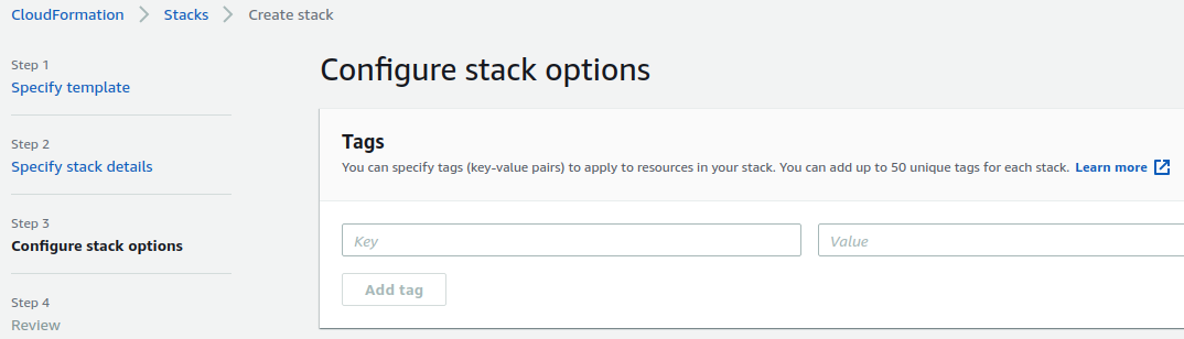 Screenshot of AWS Console showing Configure Stack Options