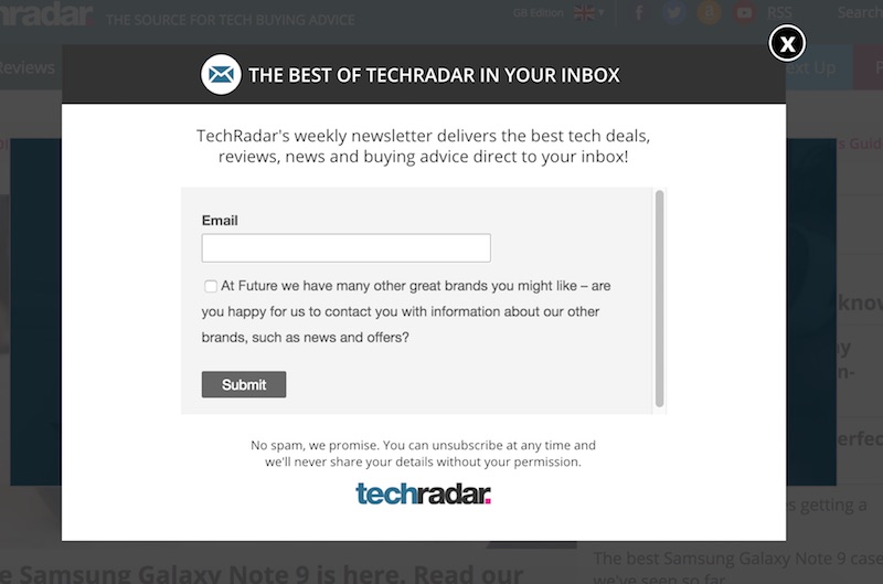 A popover asking users to sign up to an email newsletter
