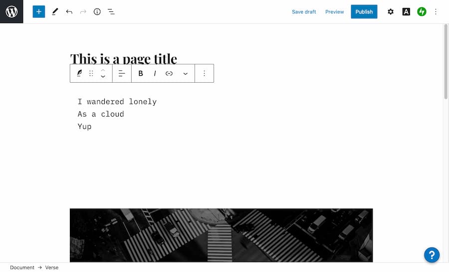 Screenshot of the WordPress cover page editor.