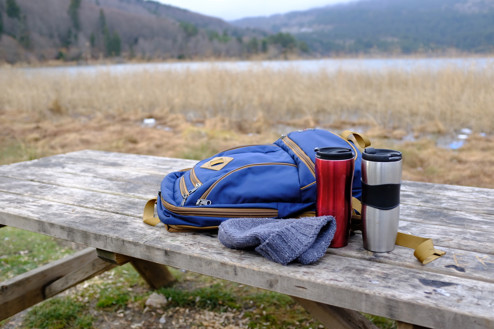 A break during our hike around the lake