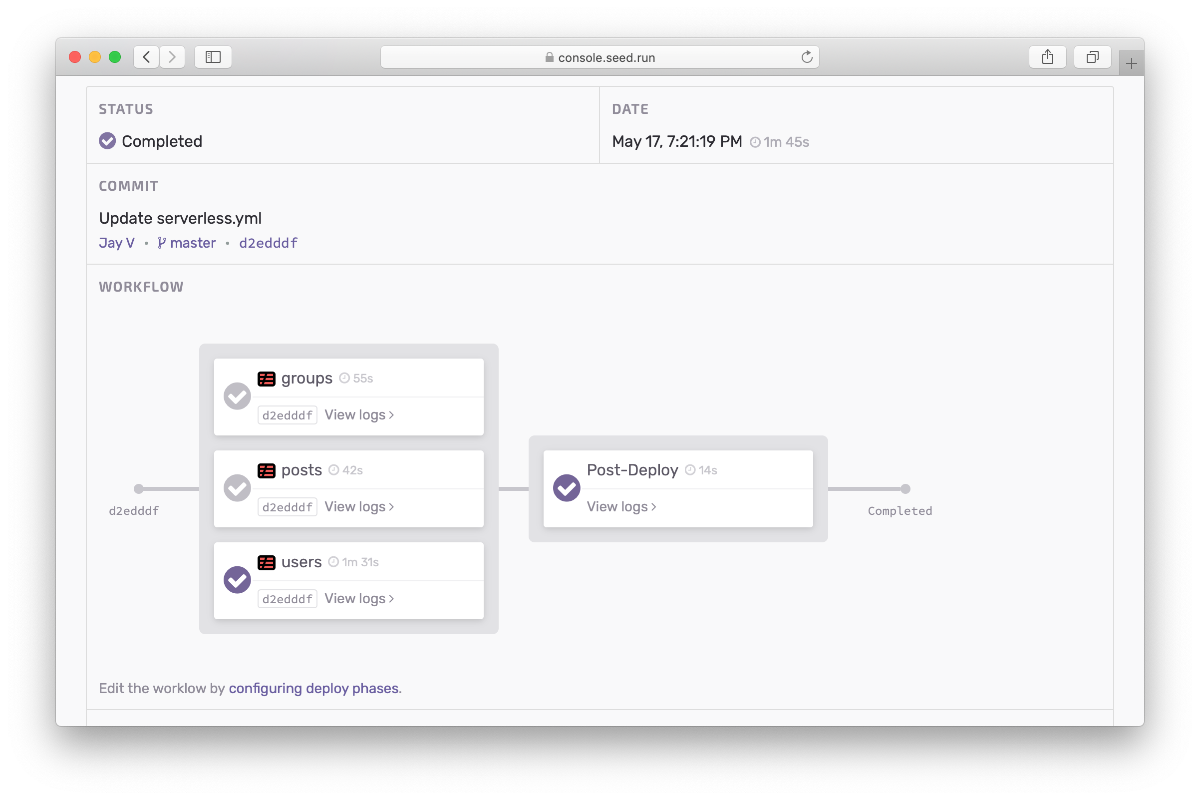 Build report panel with build times