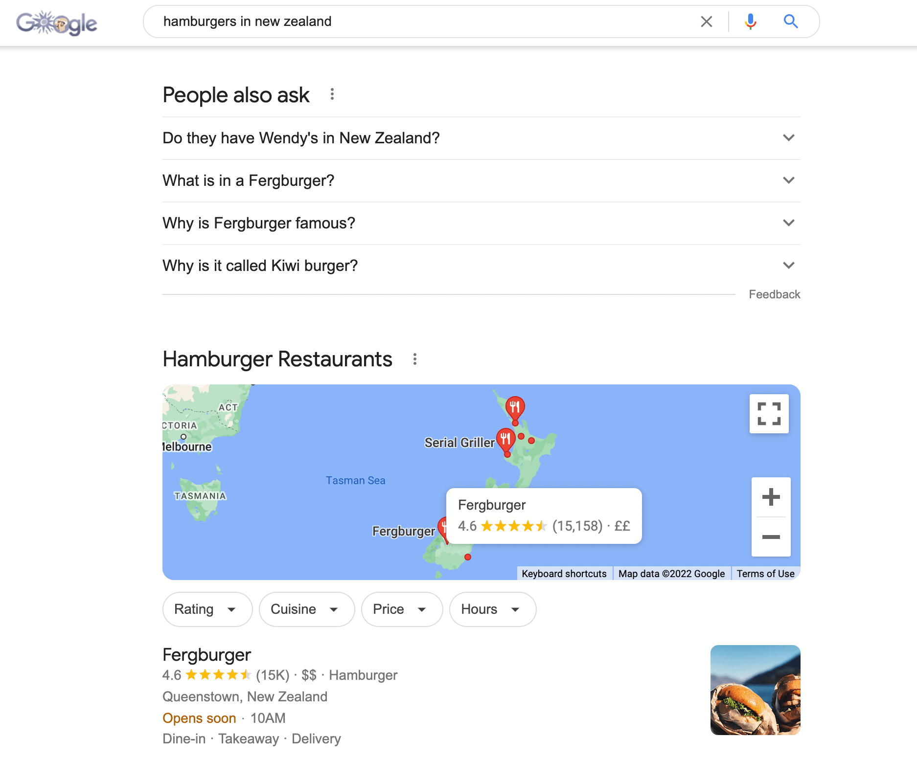 Google results for hamburgers in New Zealand with Fergburger as the first result