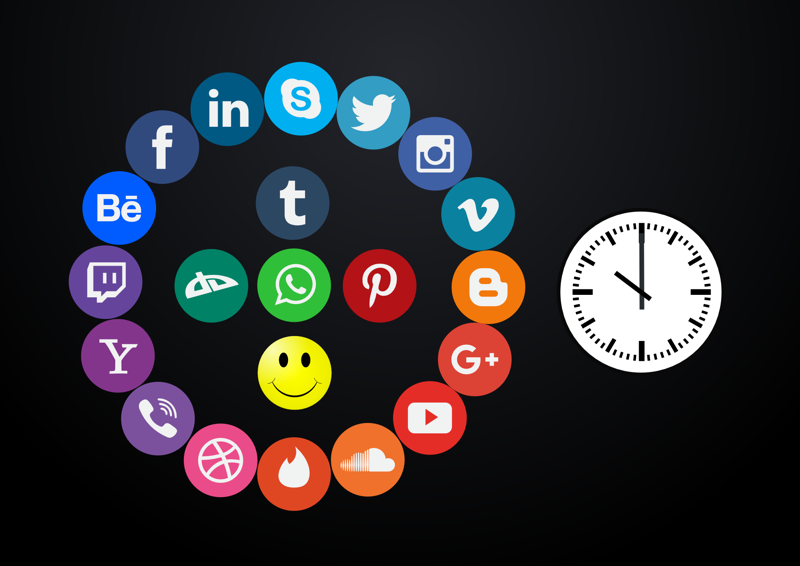 A circle of social media icons juxtaposed with a clock