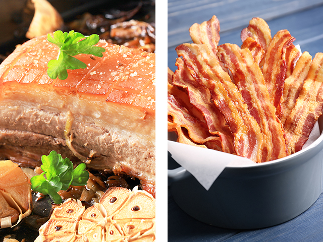 A roast pork belly on the left and a bowl of bacon strips on the right