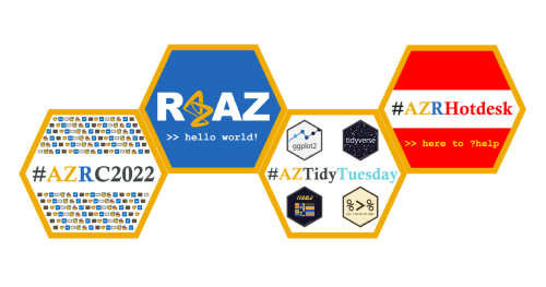 Thumbnail A group of hex stickers for AZ R 2022, R at AZ, AZ Tidy Tuesday, and AZ R hotdesk.