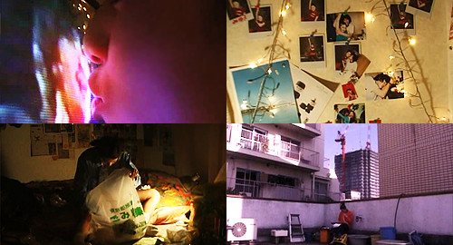 A 4-panel screenshot of the film 'Tokyo Trash Baby' showing Miyuki's obsession with her rocker neighbor such as picture of him on her wall and digging through his trash.
