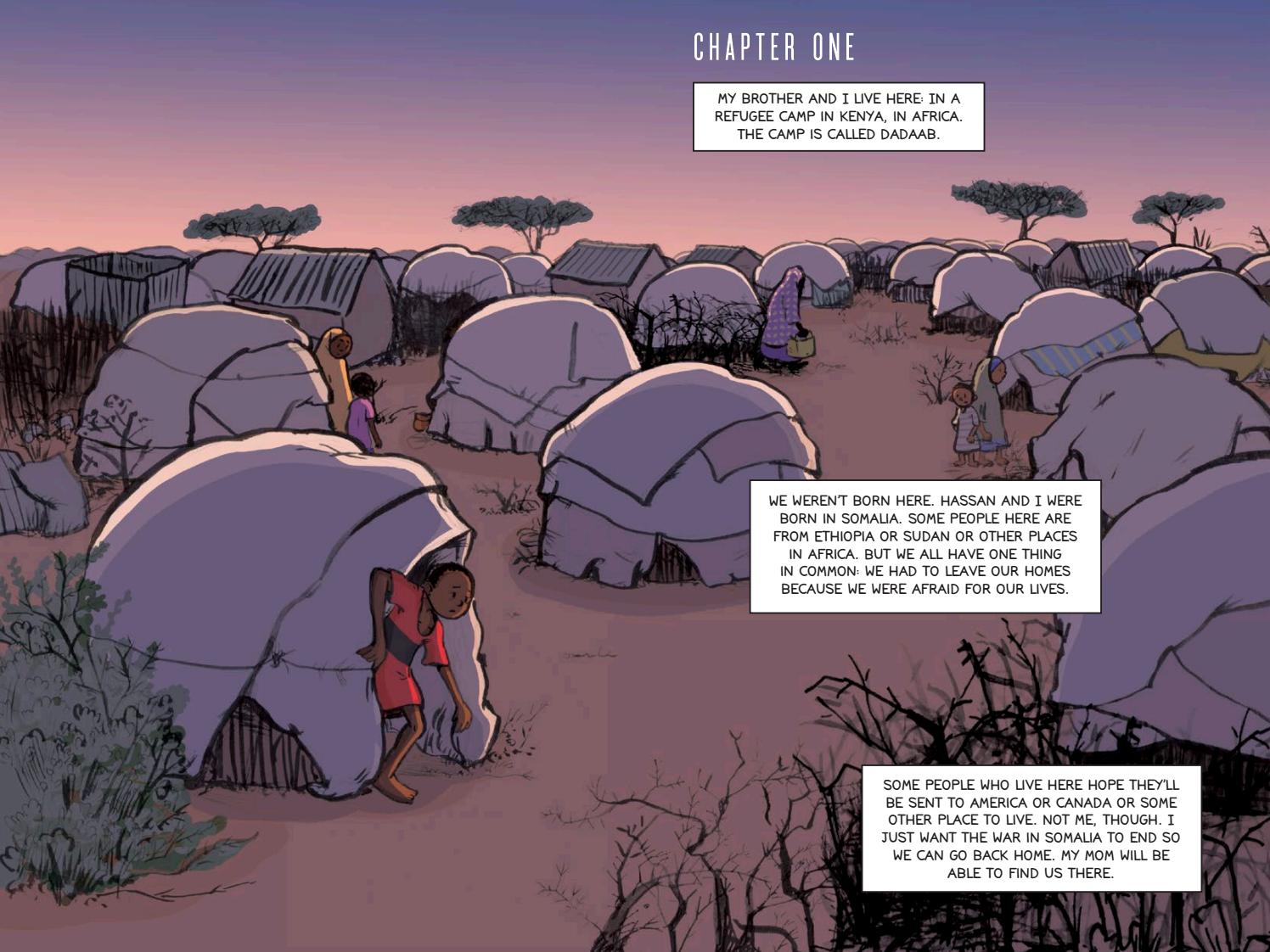 2-page illustration of refugee camp