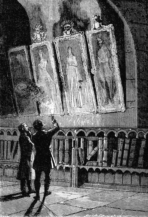 Wood engraving by Émile Bayard from Contes et romans populaires. Two men stand in the vaulted archive room of a castle, looking at portraits on the wall by torchlight. The caption reads in the original French: Voici celle qui doit revenir pour consoler et pardonner…