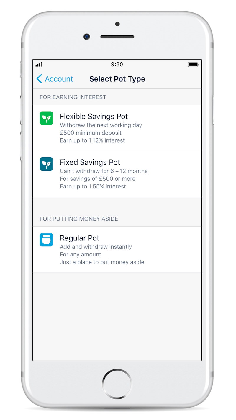 Screen showing various Savings Pot types