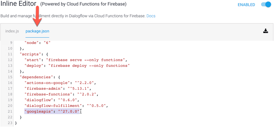 Updating the package.json for a Dialogflow Firebase webhook function