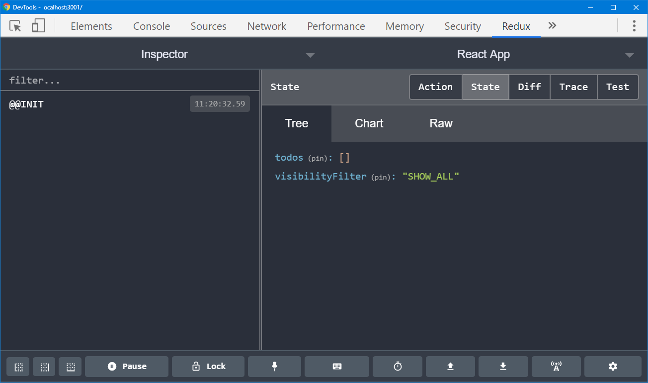 Redux DevTools Extension screenshot showing initial state