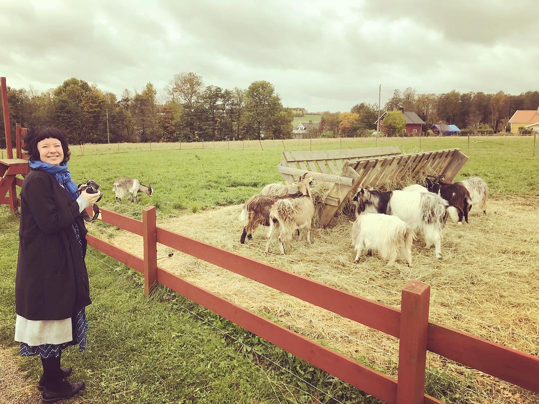 A woman pauses from photographing goats and smiles at the camera. The goats are dining and totally uninterested in the nearby humans.