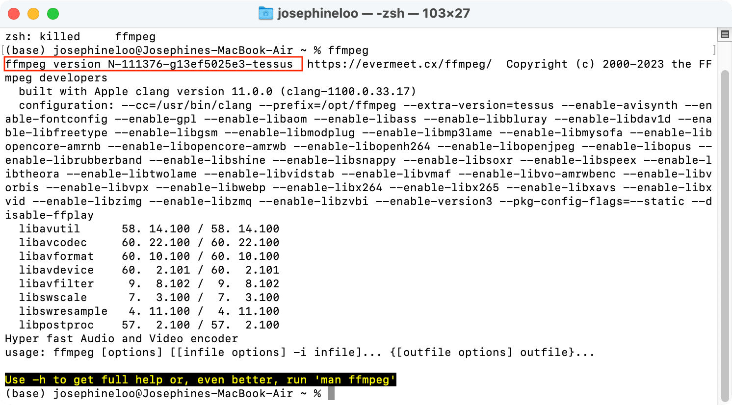 an output of the 'ffmpeg' command after installing manually