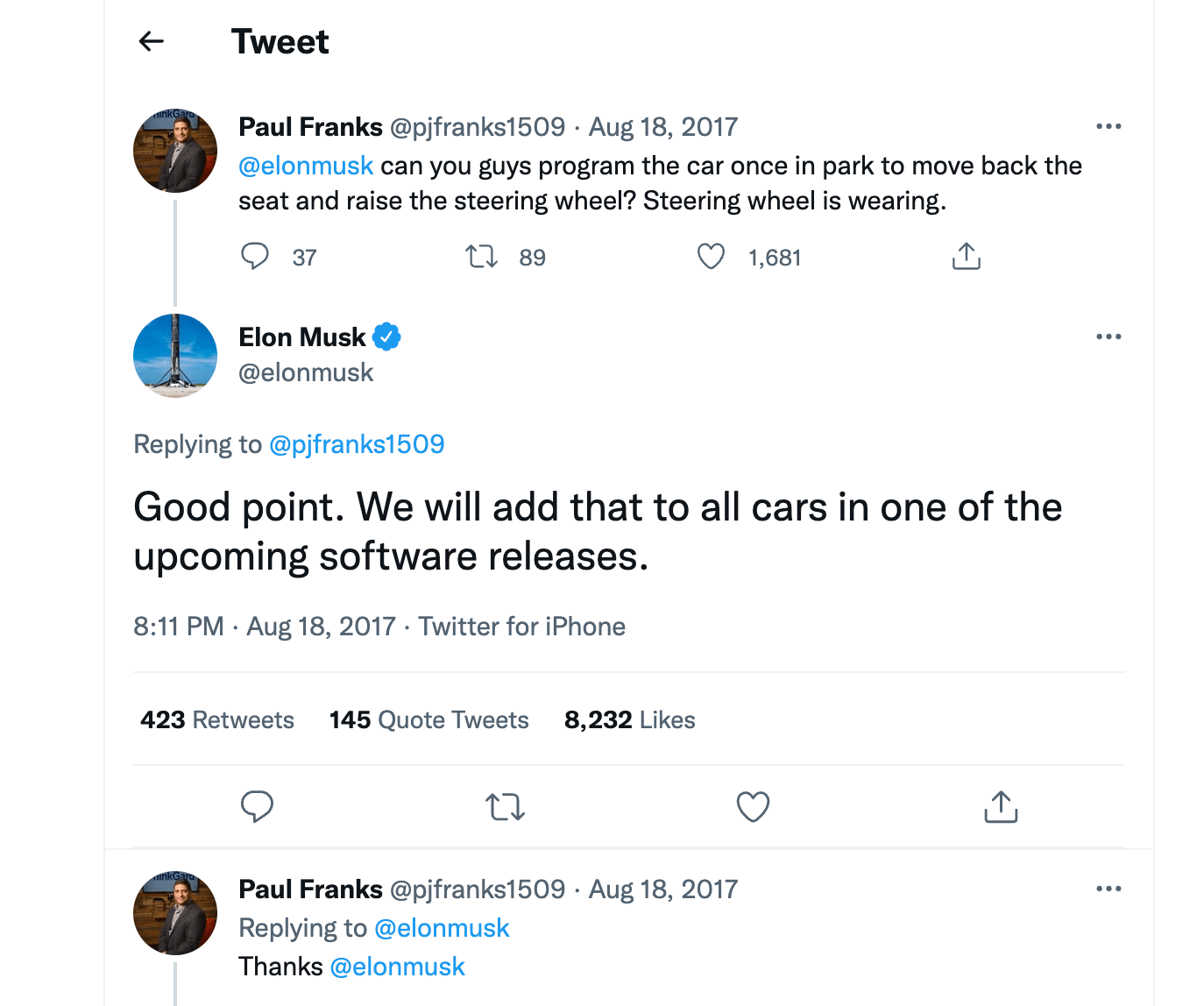 A twitter user asking Elon Musk to program the Tesla steering wheel in a particular way and Elon Musk agreeing to.