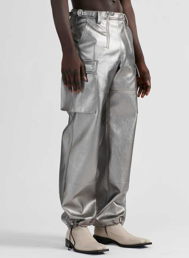 Bekir Trousers Pleather Silver, side view. GmbH AW22 collection.