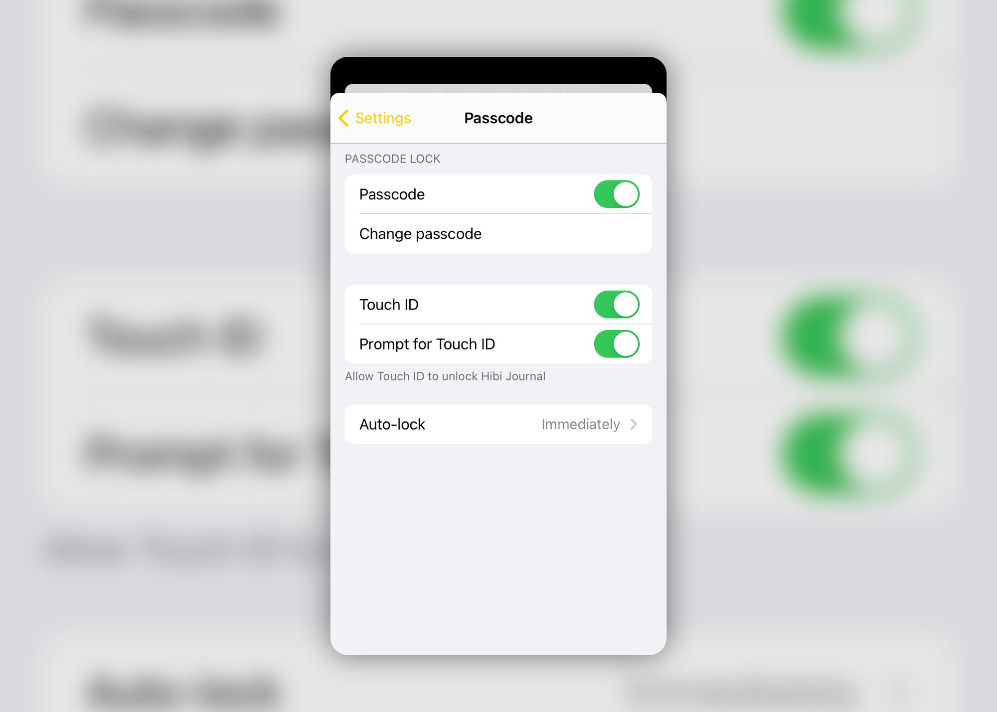 Hibi Journal Passcode Settings